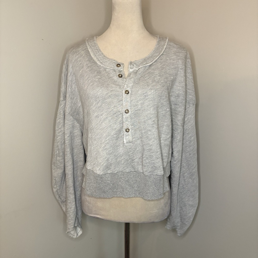 Lovers + Friends Gray Oversized Henley Pullover Sweatshirt Small S Cropped USA